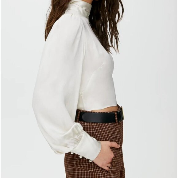 Wilfred Women's 2XS Ivory Avorio Leigh Blouse High Neck Shiny Backless Top $138 - Picture 4 of 10